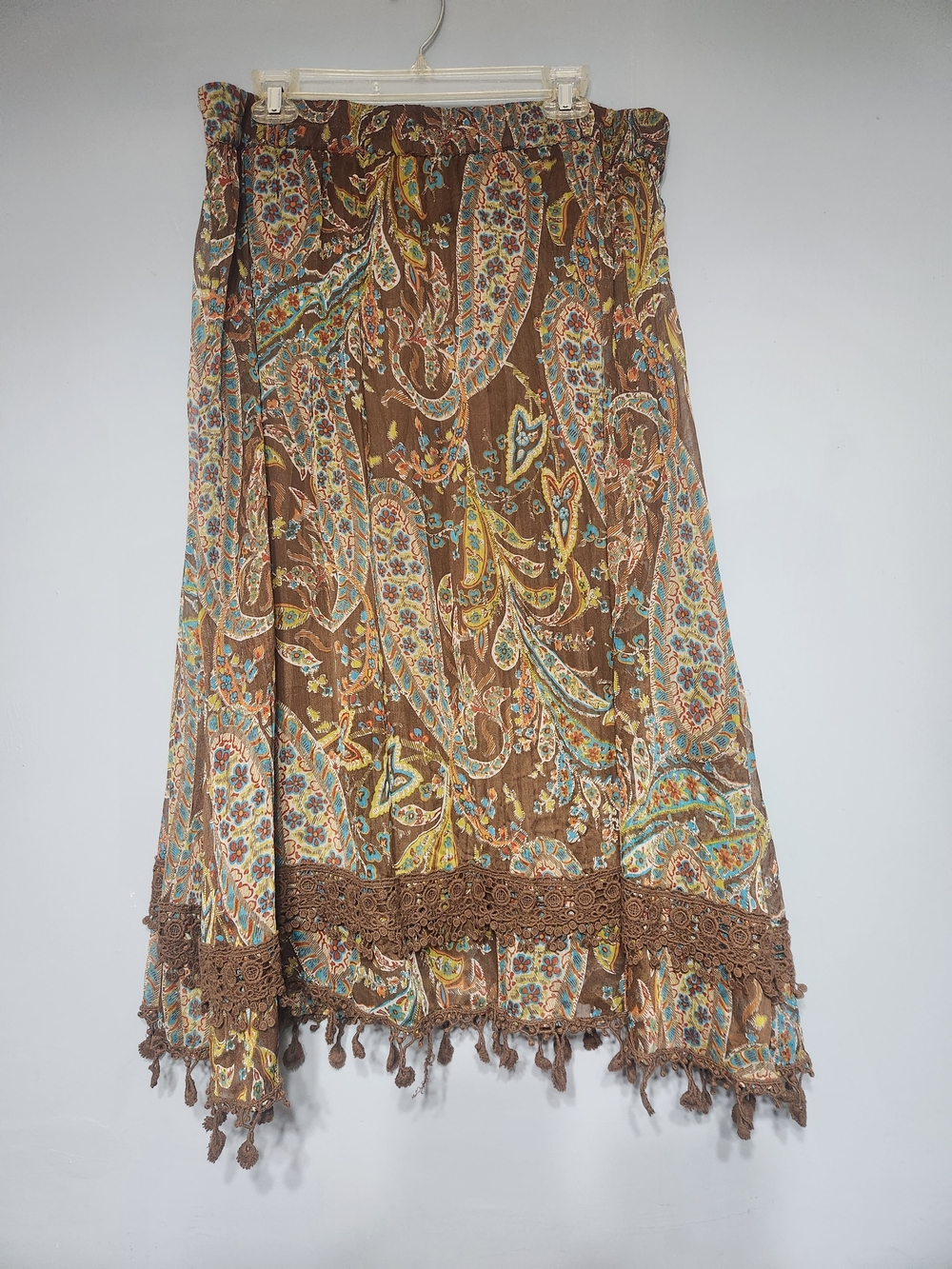 Krazy Kat Boho Festival Paisley Brown Lace Trim Skirt. Size XXL. Lined. Stretchy